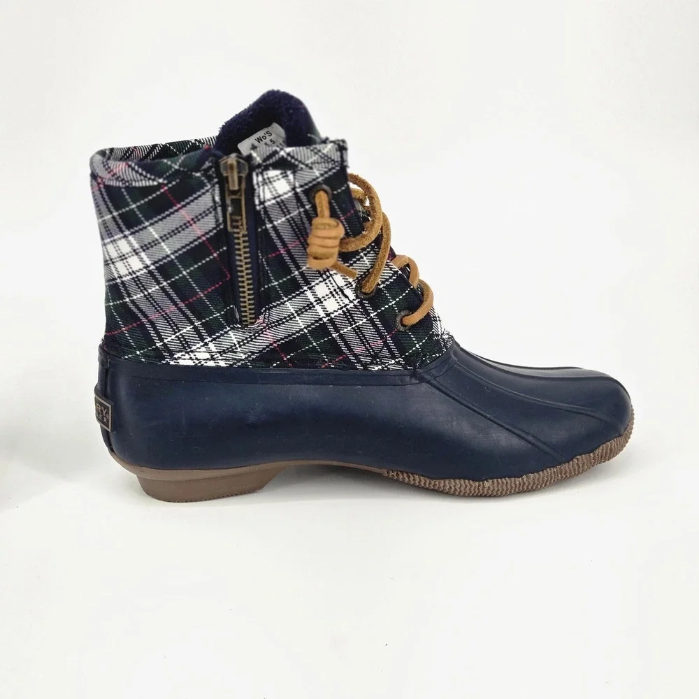 Sperry Top-Sider Saltwater Women Duck Boots Navy Plaid Winter Rain 5.5 Youth 4Y